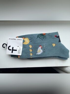 Foot Traffic Blue Crew Socks with Yellow chicken Accents